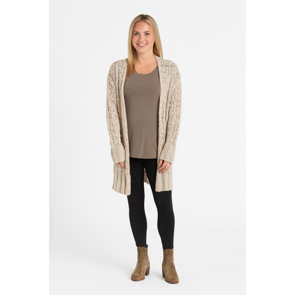 Calypso St. Barth Taupe Crochet Open Front Sweater, Size S